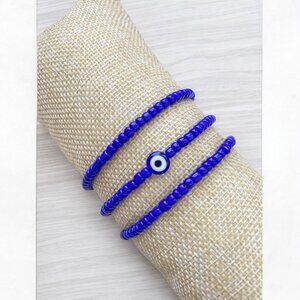 HANDMADE Dark Blue Seed Bead Evil Eye Beaded bracelet set